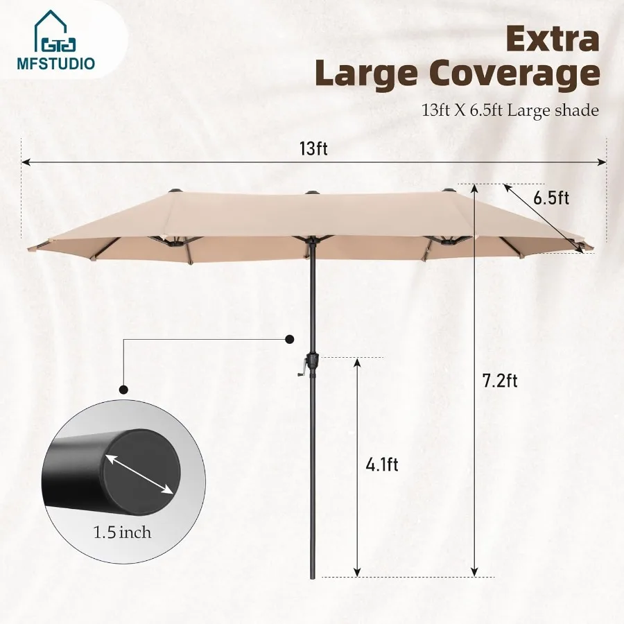13 ft Outdoor Patio Umbrella Large Rectangular Double Sided Market Table Twin Umbrellas with Crank Handle for Deck Pool Beige P
