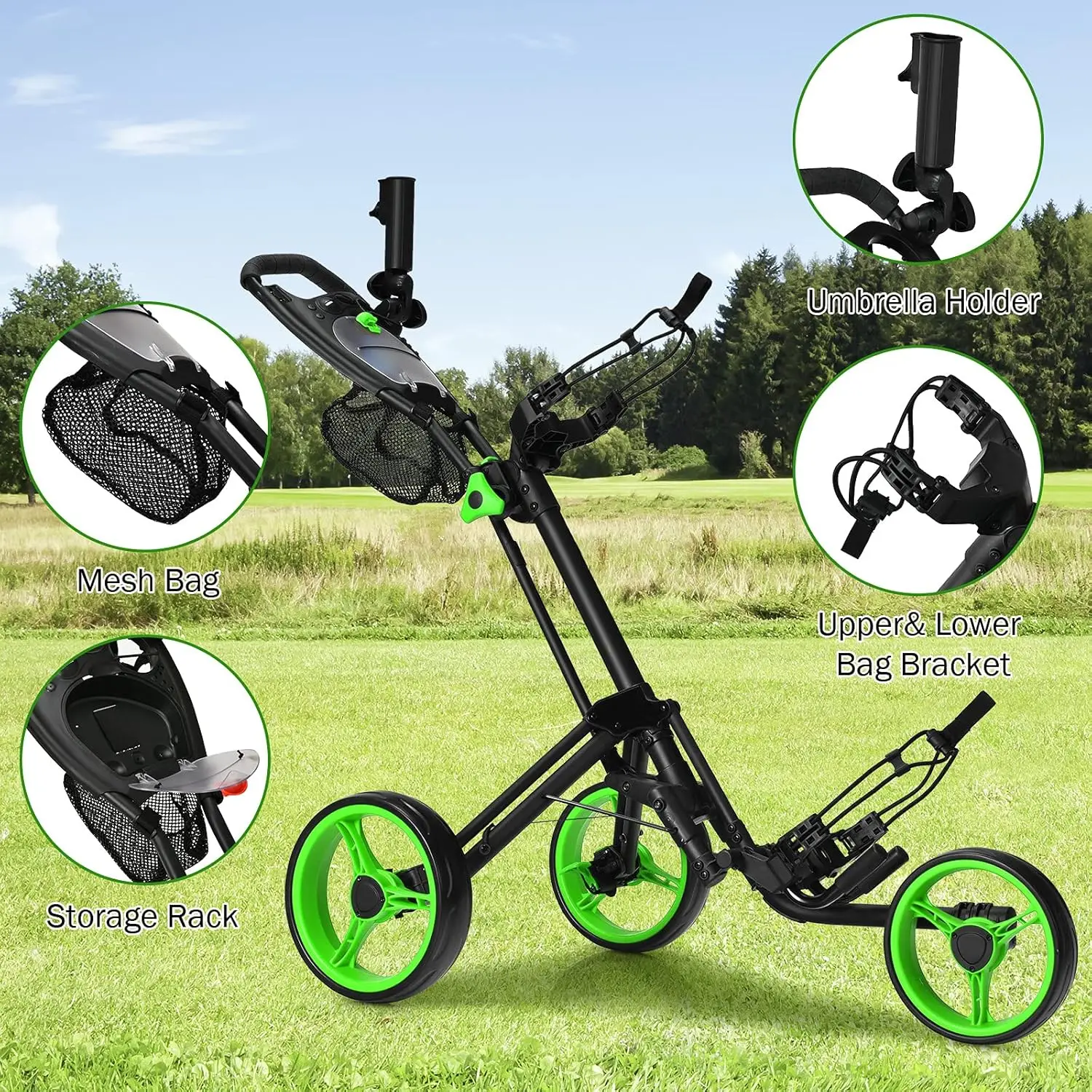 Folding Golf Push Cart, 3 Wheel Height Adjustable Lightweight Golf Push Trolley W/Umbrella Holder & Mesh Bag, Quick Open