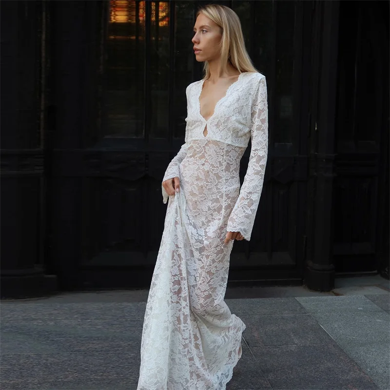 

Lace Jacquard Deep-V Neck Women's Autumn Evening Dress Sheer Sheath Slim Bandage Gown White Backless Party Skirt New Arrival