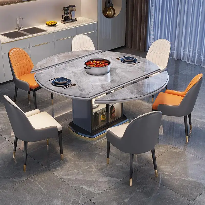 Light luxury bright slate dining table and chairs modern minimalist living room storage dining round table telescopic folding ho