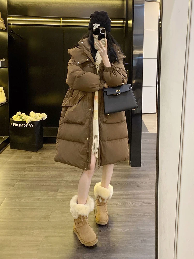 겨울 중간 길이 탈부착 후드 다운 재킷 여성 화이트 덕 다운 파카 다운 재킷 여성 큰 포켓 다용도 따뜻한 아우터