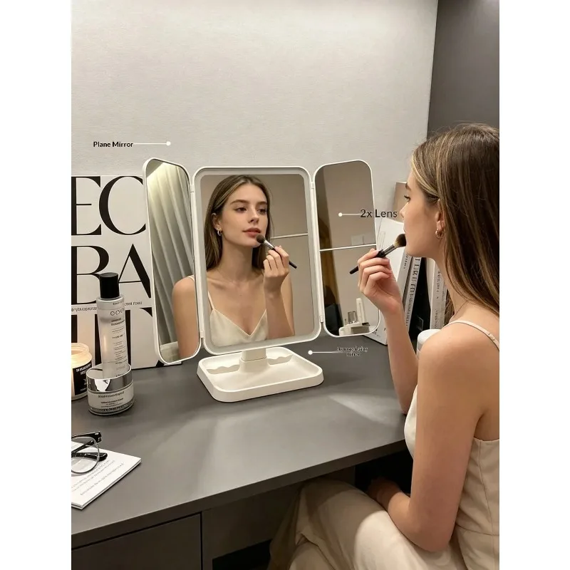 Nouveau miroir de maquillage LED pliable avec lumière d'appoint intelligente, intensité réglable, portable, pour dortoir, chambre et voyage, lumière froide et chaude
