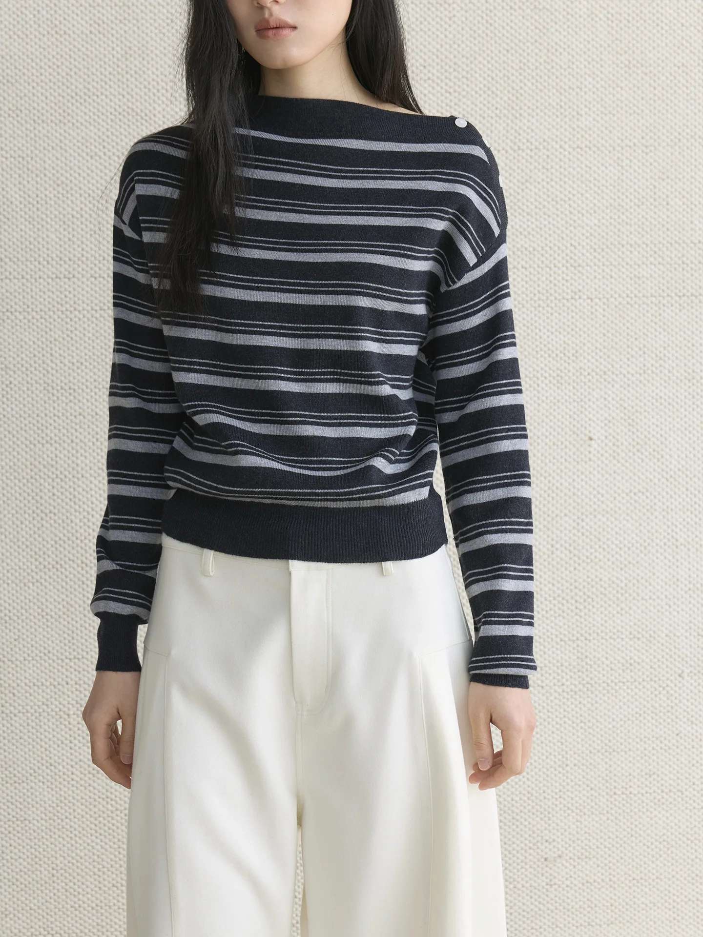 

Early spring new Korean style simple and fashionable thick striped one necked wool sweater with loose silhouette top for women