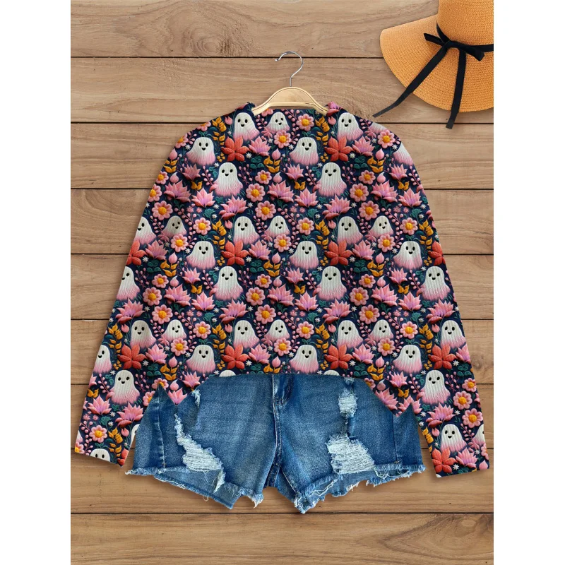 

Элегантный цветочный призрак Хэллоуин с принтом всего тела для девочек, теплый пуловер с круглым вырезом и длинными рукавами, повседневный свободный удобный свитер