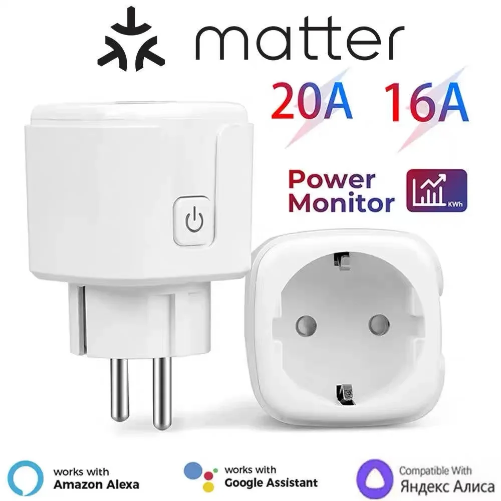 

Matter EU Wi-Fi Умная розетка Розетка для бытовой техники 16A/20A Smart EU Plug Adapter Управление через приложение работает с HomeKit Siri Alexa Google