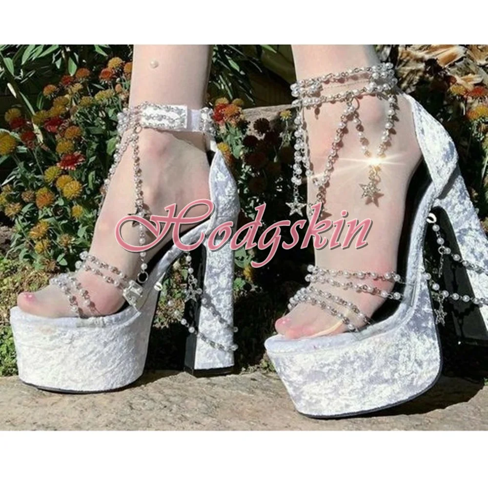 Pearl Chain Crystal Sandals Open Toe Platform Chunky High Heels Solid Sexy Style Sandals Hook And Loop Summer Party Dress Shoes