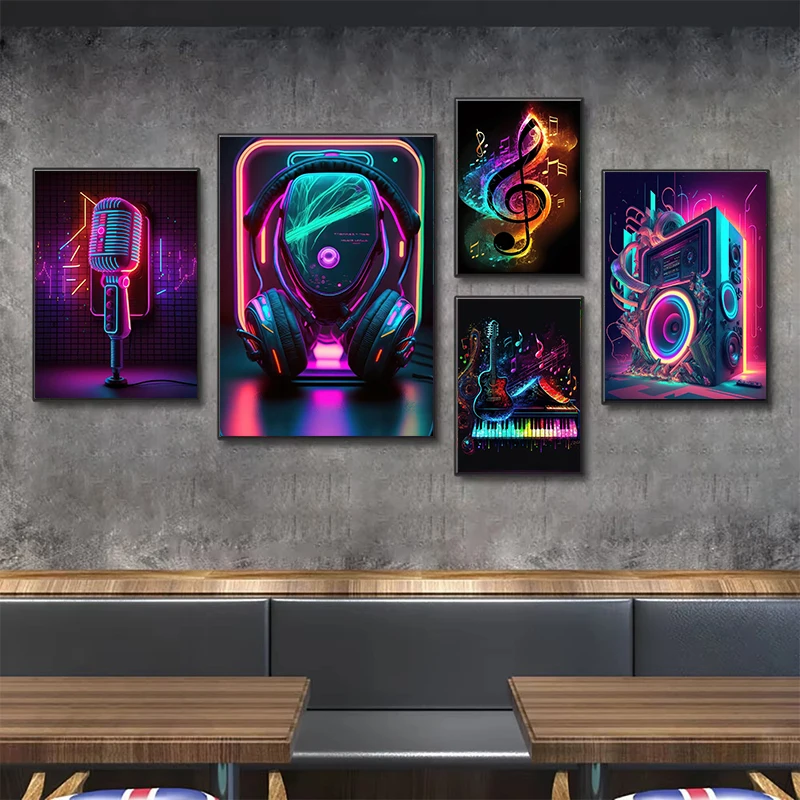 Pop 80S Live Music Neon Punk Poster Aesthetics Dj Guitar Karaoke Headphones Canvas Painting Wall Art Home Room Decor No Lights