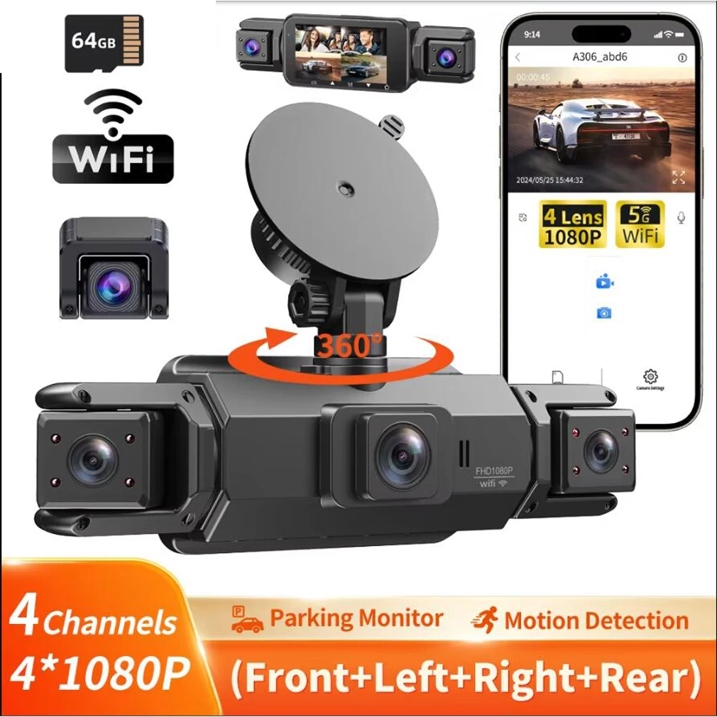 

4 Channels Dash Cam For Cars, 4 Cameras 1080P Simultaneous Recording,WiFi APP 360 Degree Panoramic Protection WDR Night Vision