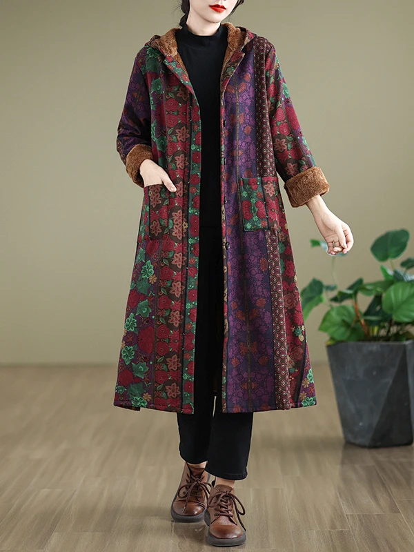 معطف طويل من القطن والكتان مطبوع عليه ريترو مع غطاء محرك السيارة ثينيد شتاء جديد Sle ملابس خارجية نسائية للأمهات في منتصف العمر #4