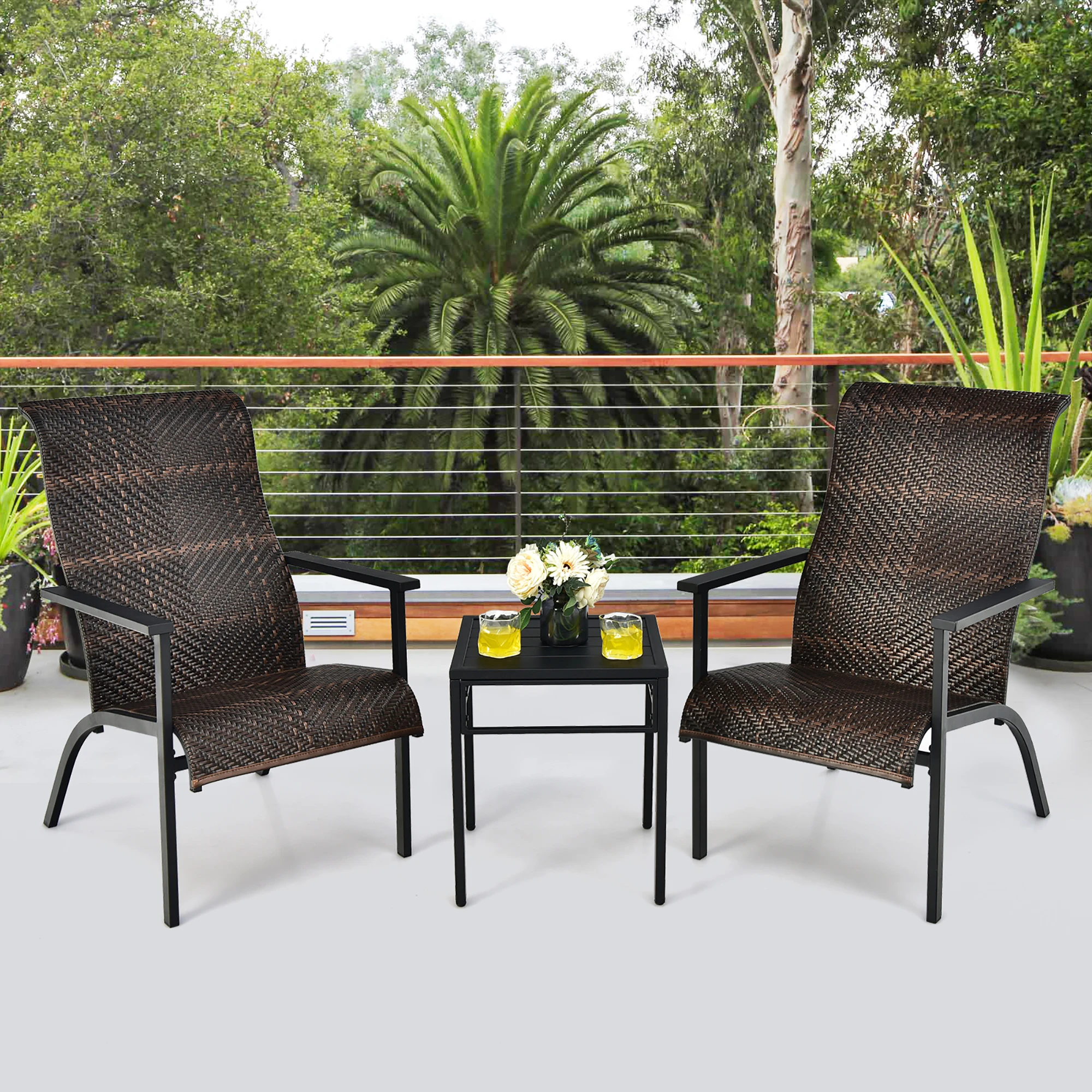 

3 PCS Patio Rattan Bistro Set High Backrest Armrest SideTable Mix Brown