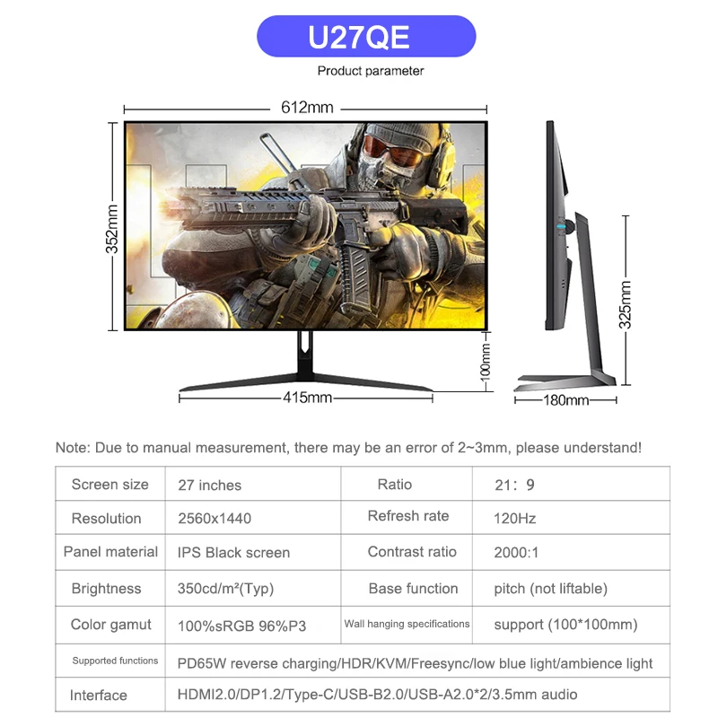 27-inch 2K 120Hz HD narrow bezel monitor L G panpel IPS Black screen supported Type-C interface Professional gaming monitor