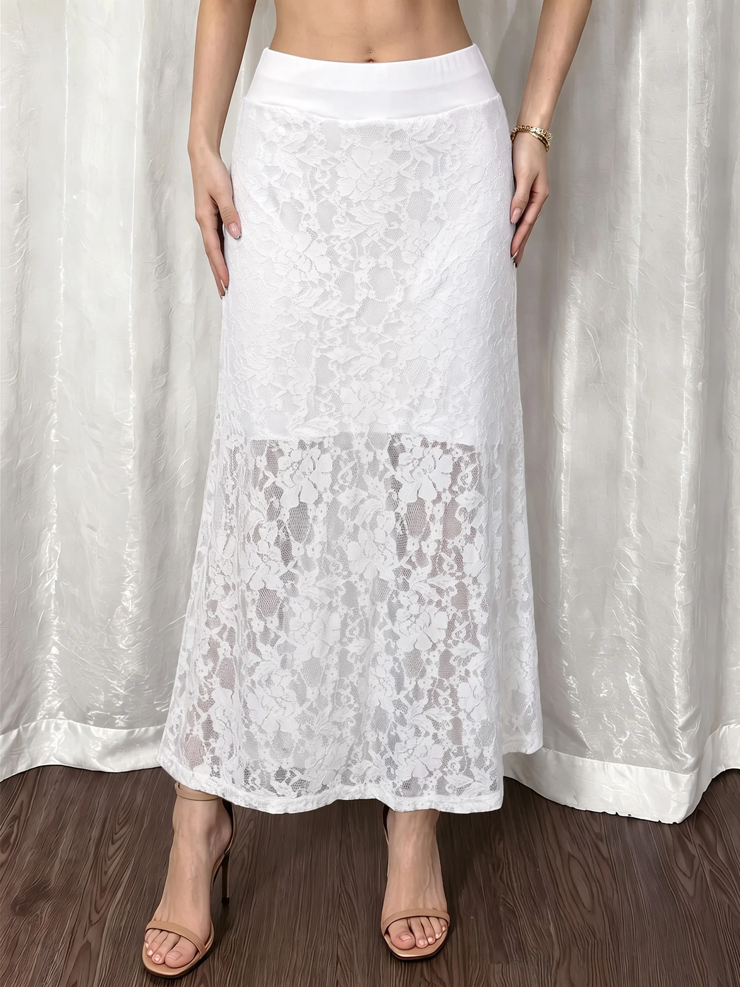 White Layered Lace Fishtail Midi Skirt Women High Waist Bodycon Sheer Bottom