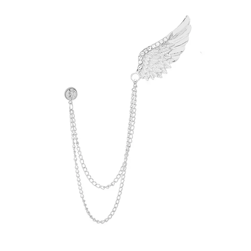 Vintage Angel Wing Tassel Brooch Lapel Pin for Men Suit Shirt with Personality Rhinestone Chain Corsage Collar Pins Accessories