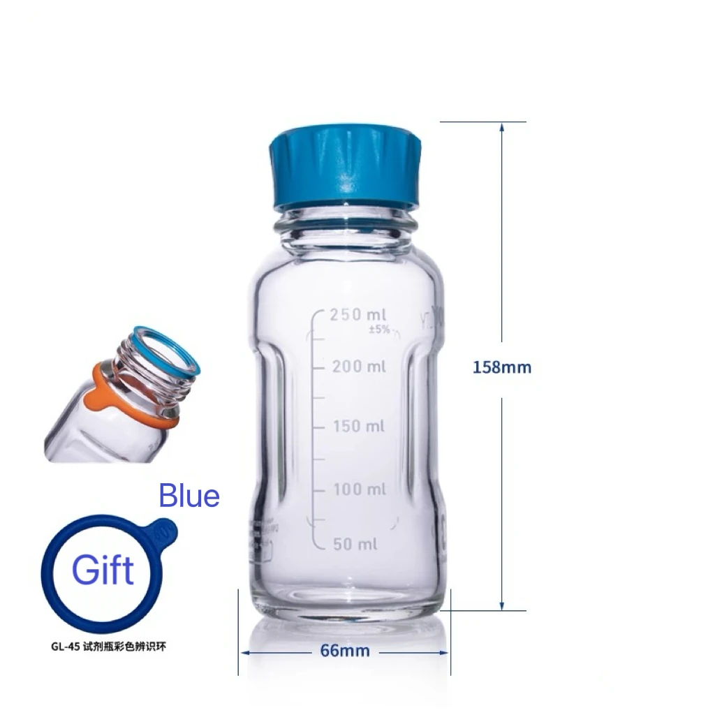 250 مللي ألمانيا شوت يوتي كاشف زجاجة مختبر غطاء أزرق كاشف زجاجة ، حلقة كشف الألوان مع ألوان اختيارية