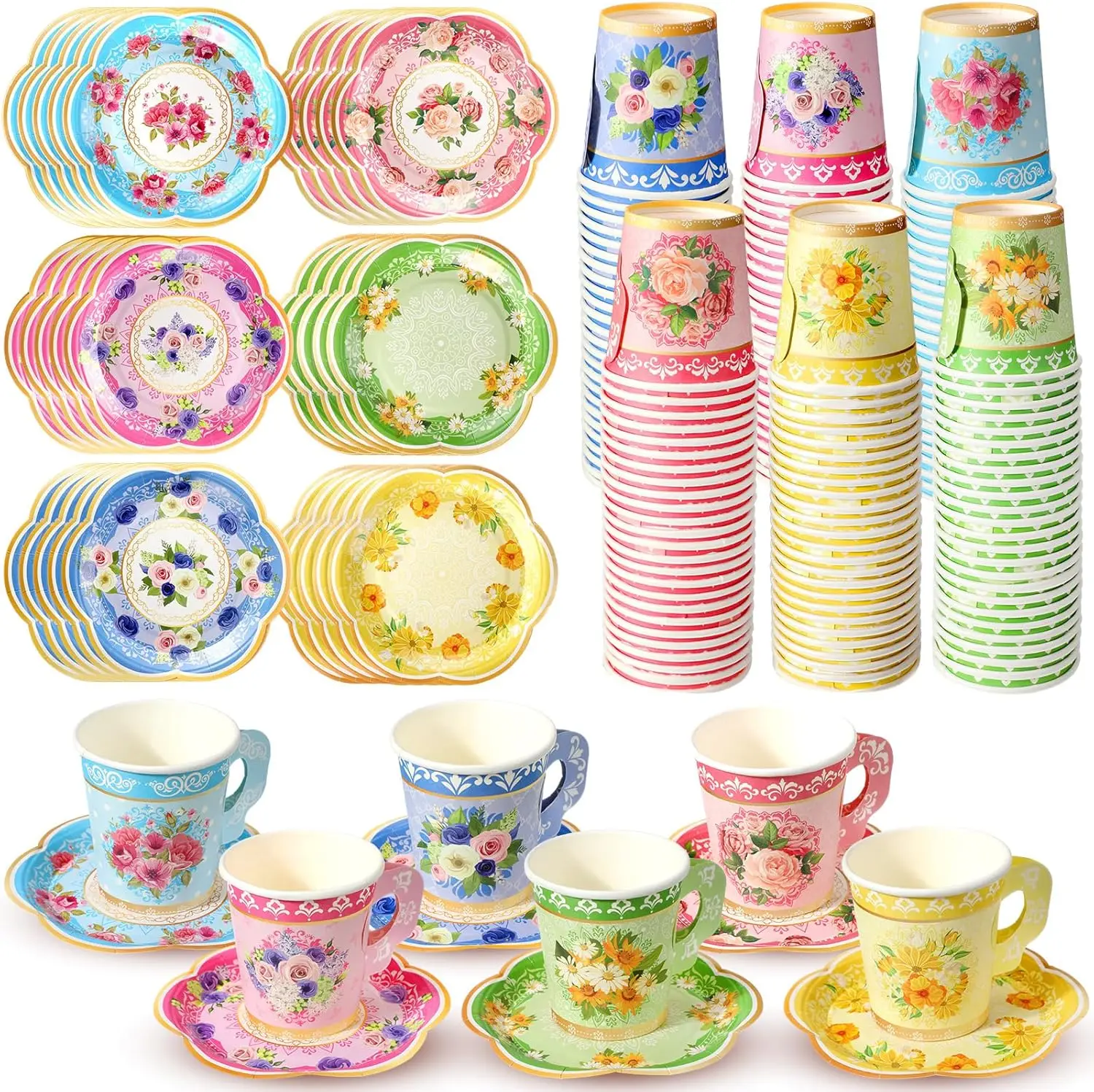 

300Pcs Floral Paper Tea Cups and Saucers 7 OZ Disposable Tea Cup with Handle and Plates for Garden Party Supplies Weddin