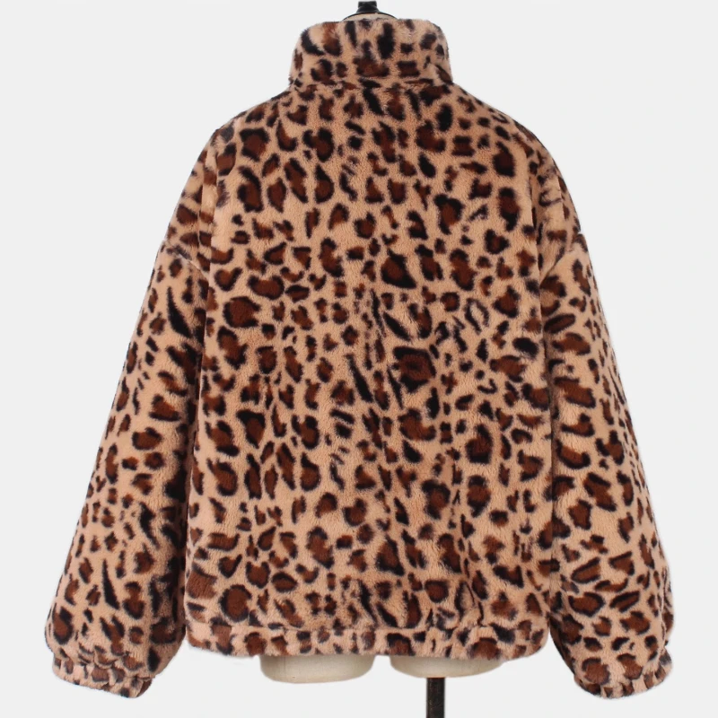 Leopard Zipper Faux Fur Jacket Short Loose Women's Plush Coats Stand Fashion Zip-up Fluffy Jackets Autumn Warm Furry Outerwears