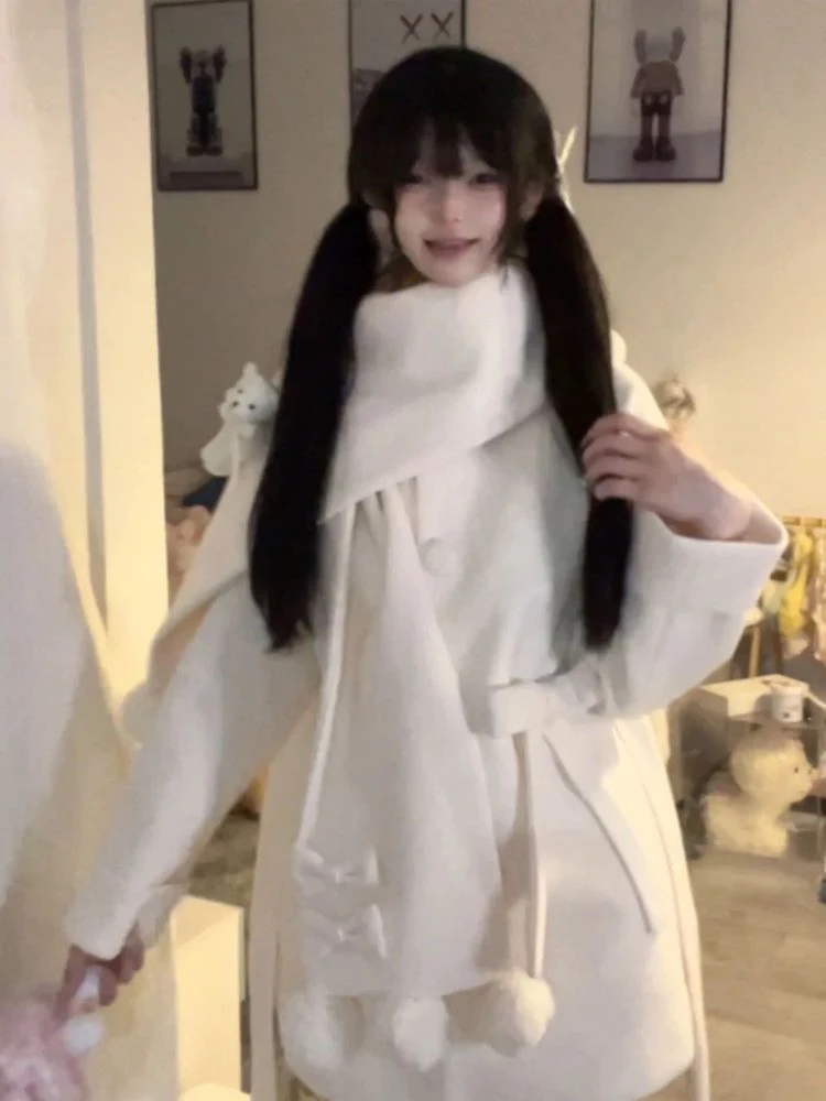 Jesienno-zimowy płaszcz wełniany w stylu japońskim preppy damski Kawaii kokarda kreskówkowy miś szalik luźne długie kurtki słodkie Y2K Lolita odzież wierzchnia