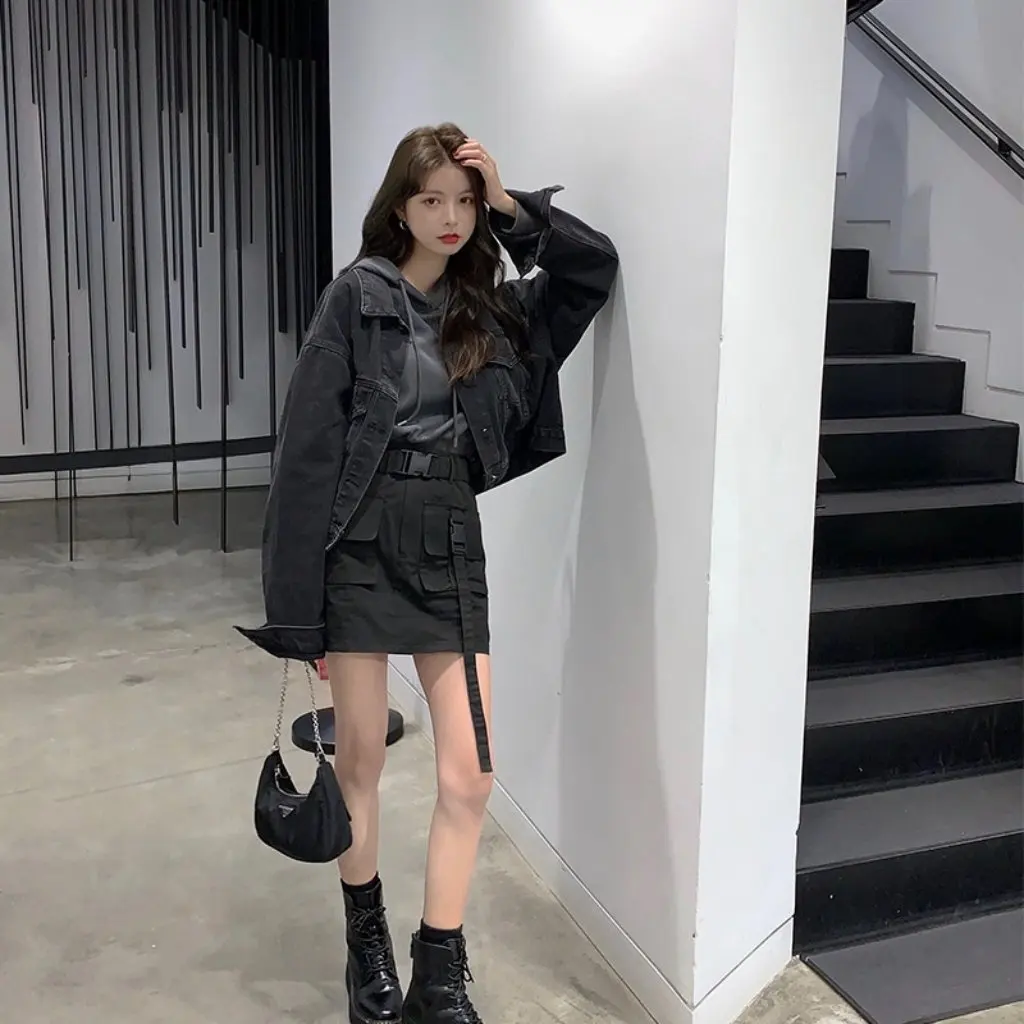 Veste en jean courte noire à manches chauve-souris pour femmes, veste d'étudiant ample de Style coréen Bf Hong Kong tendance pour le printemps et l'automne