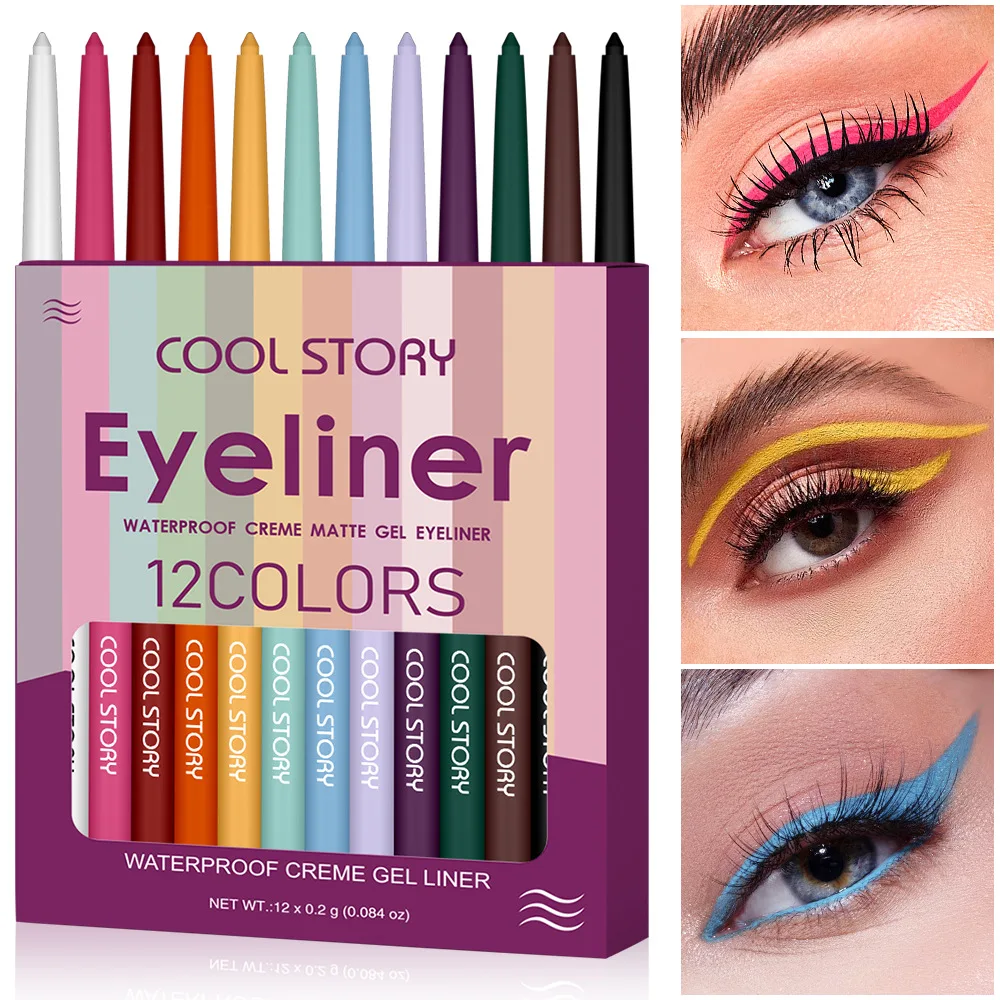 Juego de delineador de ojos resistente al agua, 12 colores, lápiz cremoso mate, larga duración, a prueba de manchas para ojos sensibles, Kit profesional de maquillaje diario