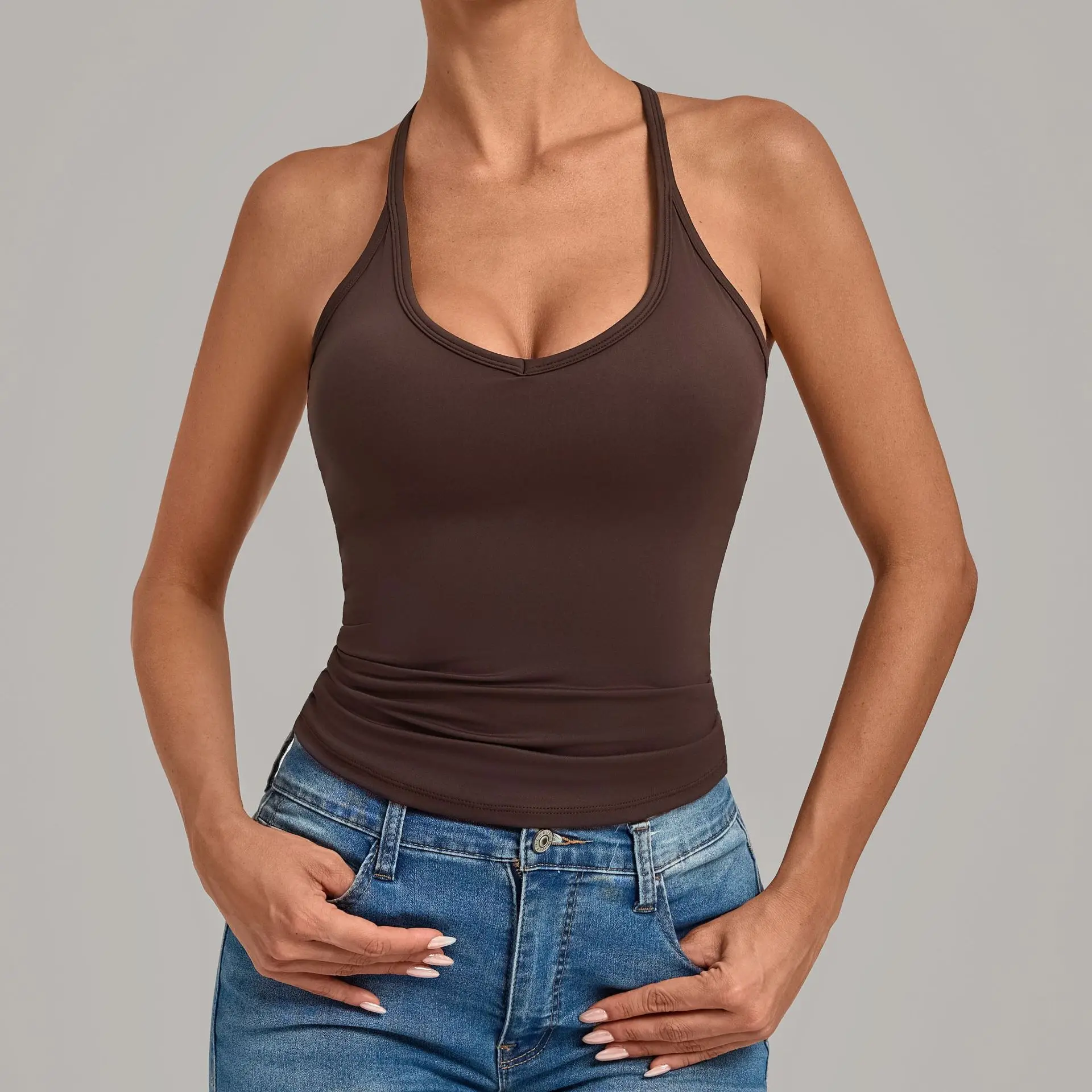 Women Halter Sports Tank Top Removable Pads V Neck Slim Fit Quick Dry Yoga Workout Vest Gym Running Fitness Sleeveless Camisole