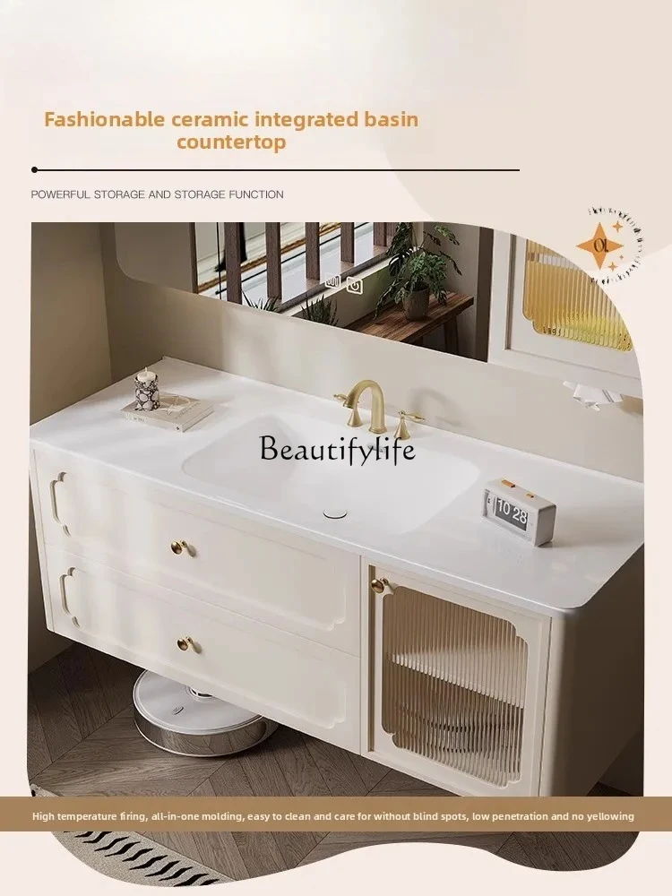 

French oak bathroom cabinet combination rock slab hot bending ceramic integrated basin washstand