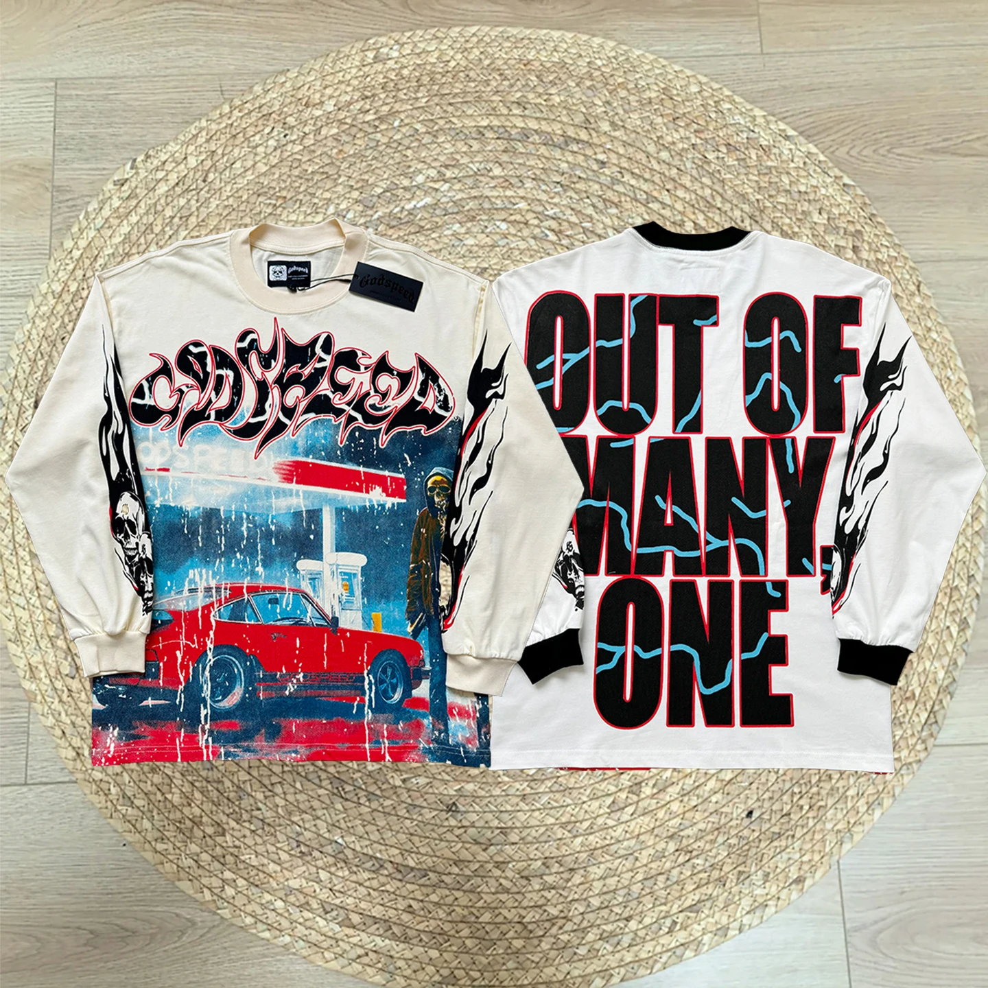 American High Street Retro Explosive Flame Print Hip Hop Men's Oversize Loose Casual round Neck Long Sleeve T-shirt