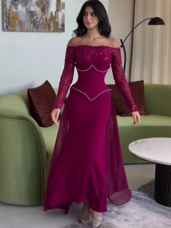 

Sexy Off-oulder Long-Sve Diamond Dr Ele High-Waisted A-Line Evening Gown for Date And Daily Wear Other Material 00%