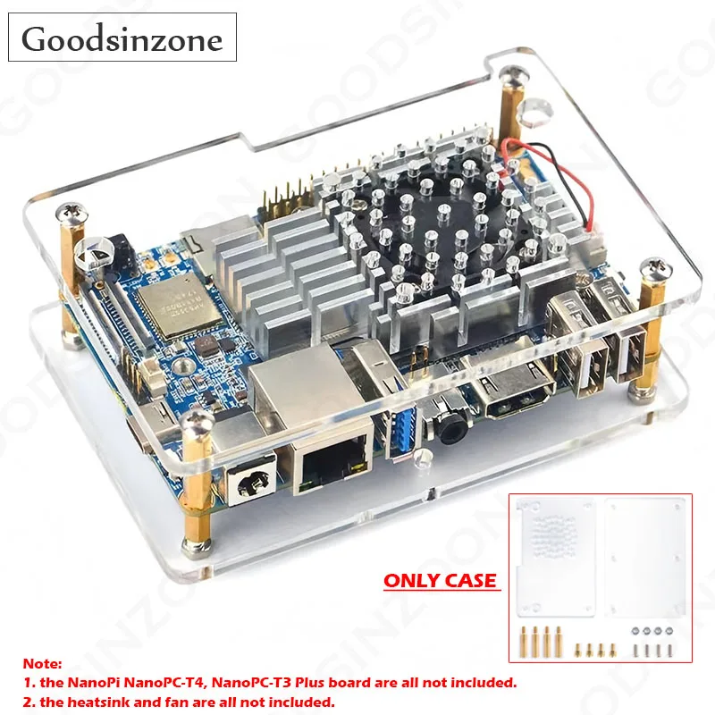 Transparent Case with Standoff Kit for NanoPi NanoPC-T4 | NanoPC-T3, Fan+Heatsink for NanoPi NanoPC-T4, Heatsink for NanoPC-T3