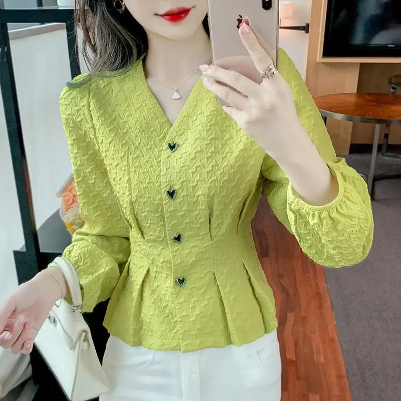 

Autumn New Style French V-neck Shirt Women's Niche Design Slim Waist Puff Sleeve Top