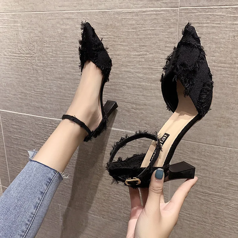 Coarse heeled high heels for women new spring pointed hollow temperament single buckle strap fairy style follow-up shoes