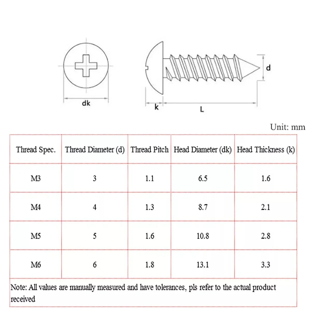 316 Stainless Steel  M3~M6 Phillips Recessed Truss Head Self-tapping Screw / Mushroom Head Phillips Wood Screw Length 6-100mm