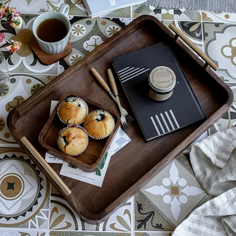 

Domestic walnut breakfast double ear handle bread Dim sum fruit tea storage tray