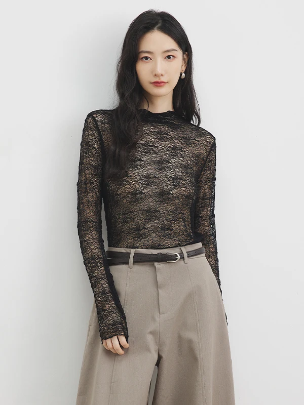 

Черный кружевной топ с высоким воротником для женщин, осенне-зимняя коллекция, элегантный дизайн, чувственный прозрачный топ для ношения под одеждой