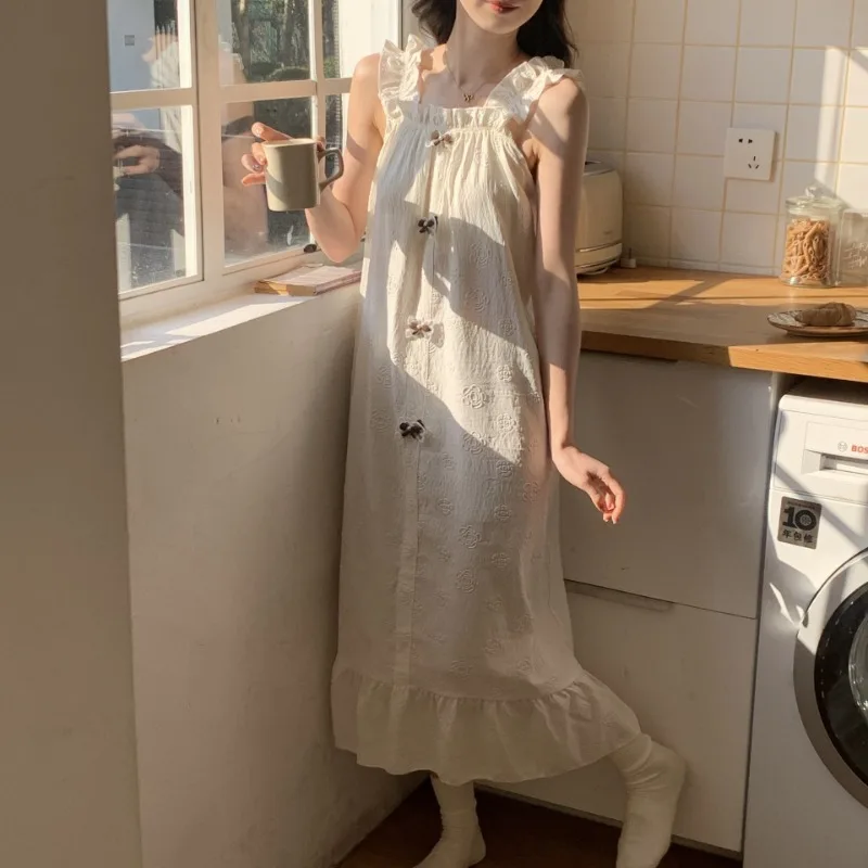 M-2XL Large Size Mid Sleep Dress Women Summer Korean Sweet Sleeveless Pajamas Sleepwear with Chest Pad Loose Outside Homewear