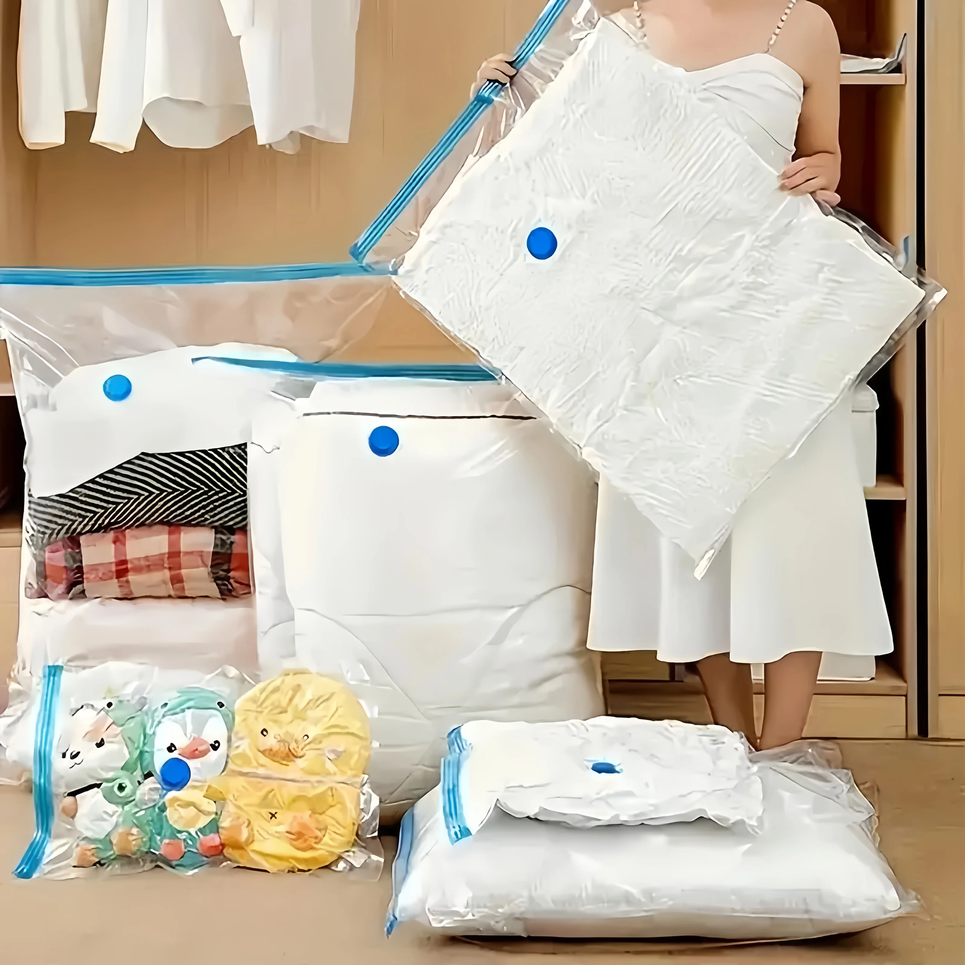 3/5/10 Unidades Sacos de Armazenamento a Vácuo para Roupas e Roupa de Cama, Sacos Compactadores com Vedação a Vácuo, Economia de Espaço, Dobráveis e Reutilizáveis compactador de roupas saco de armazenamento dobrável