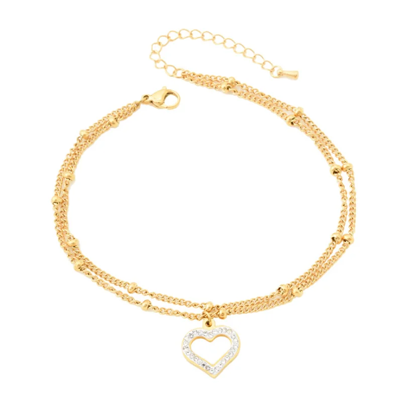 316L Stainless Steel New Fashion High-end Jewelry Embedded Zircon Love Heart Shape Charm 2 Layer Beaded Chain Anklet For Women