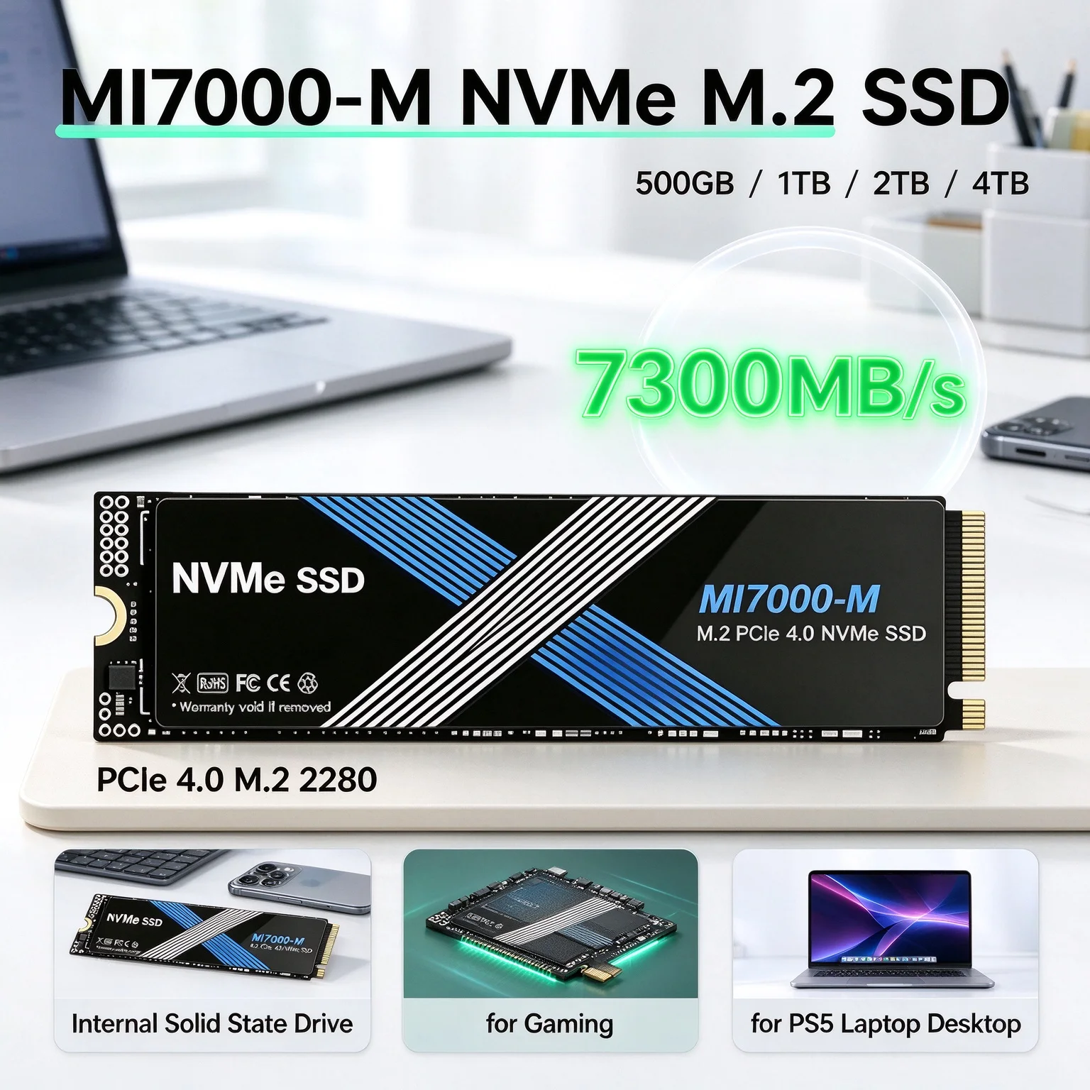MI7000-M NVMe M.2 SSD PCIe 4.0 7300MB/s Total System Boost Internal Drive for Desktop Laptop 2TB 4TB Desktop Upgrade Ready