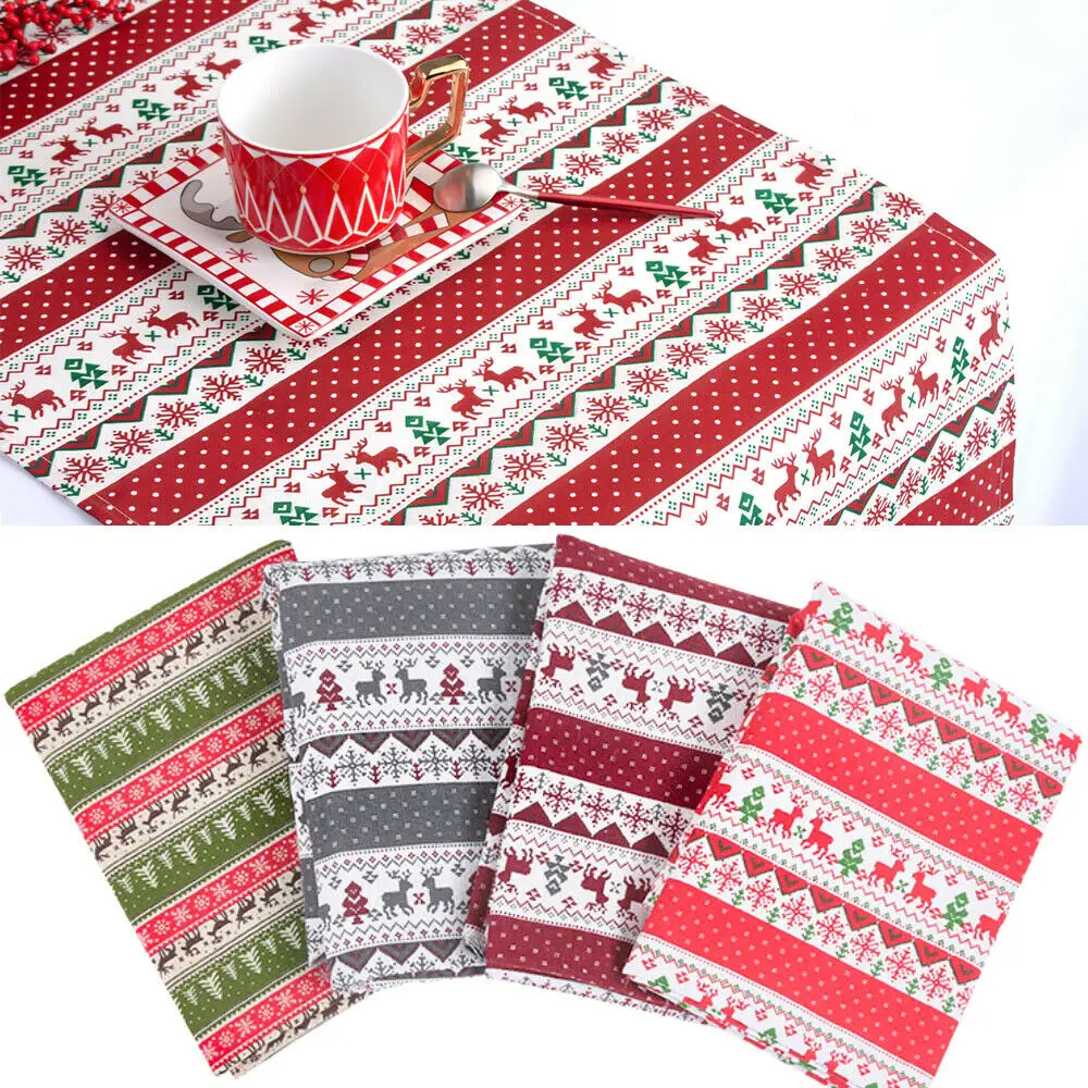 90x145cm Festive Cotton Linen Fabric Reindeer & Snowflake All-Over Print for Quilting Table Runner Eco-Friendly Xmas Decor Craft
