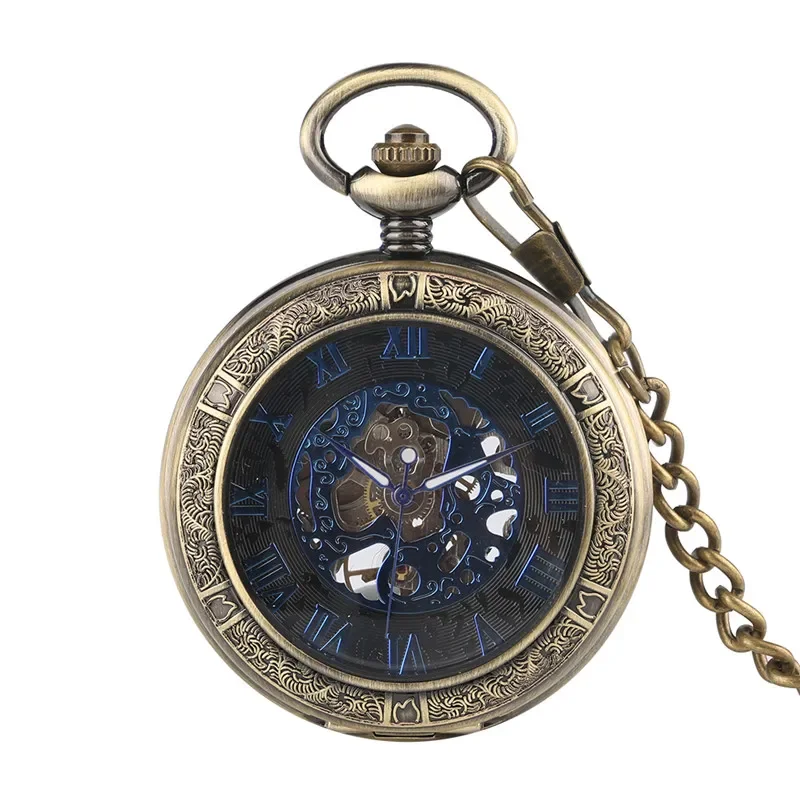 Vintage Hand Winding Mechanical Pocket Watch Transparent Half Hunter Case Roman Number Display Watches for Men Women with Chain