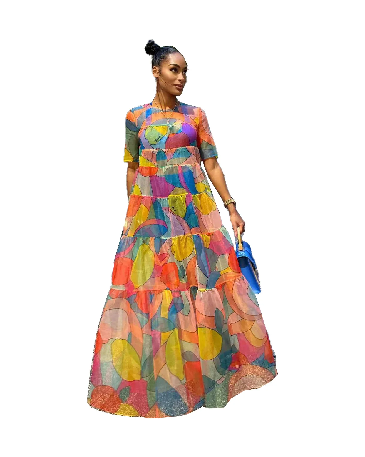 African Print Dresses for Women Summer Fashion African Short Sleeve Polyester Mesh See Through Evening Gowns Party Outfits S-2XL