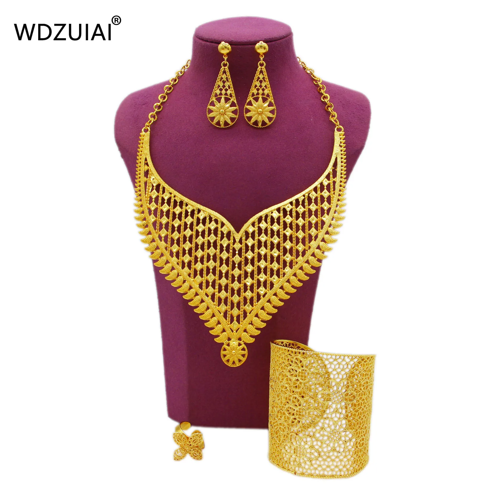 WDZUIAI Fashion Dubai 24K Gold Color Necklace/Bracelet/Earrings/Ring Set for Women Bridal African Spain Arab Wedding Jewelry