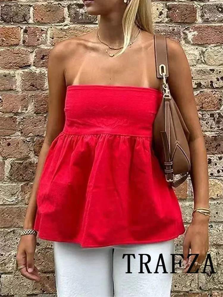 TRAFZA Vintage Casual Chic Women Top Solid Strapless Slim Tube Short Tops New Fashion 2024 Female Sexy Beach Summer Tops