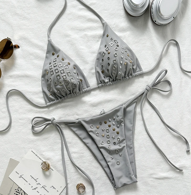 Sexy Women's Swimsuit 2026 Hotfix Rhinestone Geometric Bikinis Sets Low Waist Split Bathing Suit Lace Up Bikini Swimwear