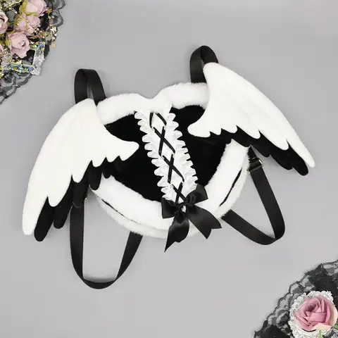Japanese Lace Bow Plush Angel Heart  Backpack Student Women's Sweet Lolita Wing Cute Y2k Shoulder Bag Schoolbags