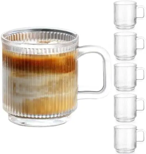 

6 PACK 12 oz Glass Coffee Mugs with Handle - Premium Transparent Tea Cups for Hot & Cold Drinks