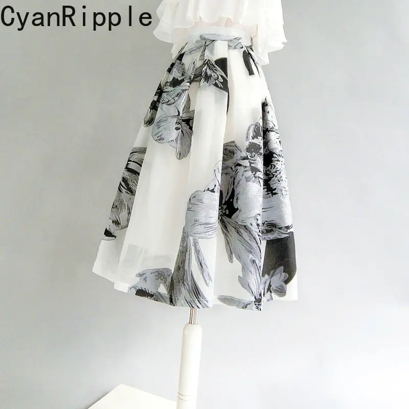 

High Quality New Spring Summer Vintage Printed Organza Puff Skirt Original High Waist Elegant Mid-length A-line Umbrella Skirt