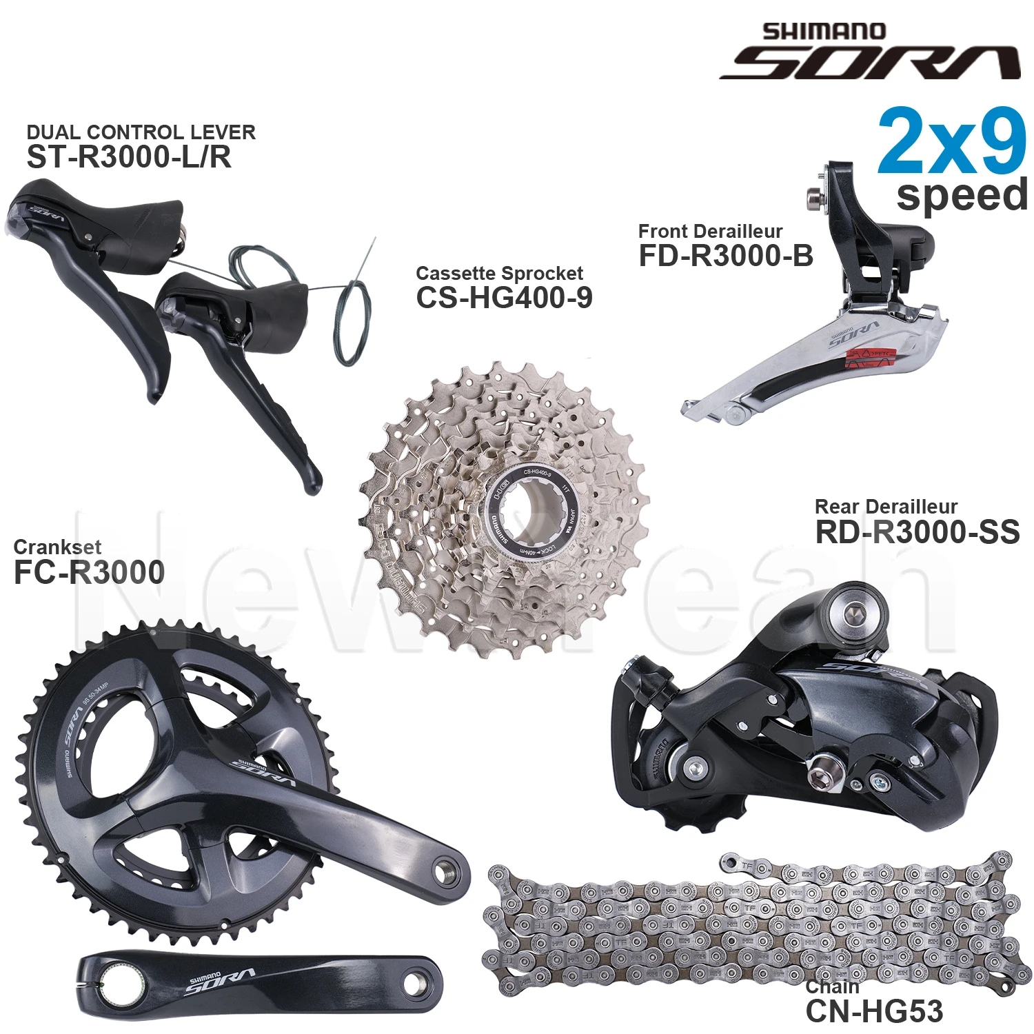 SHIMANO SORA R3000 2x9 Speed Groupset with ST-R3000 FD-R3000 RD-R3000 CS-HG400-9 Cassette Sprocket Chain FC-R3000 Original
