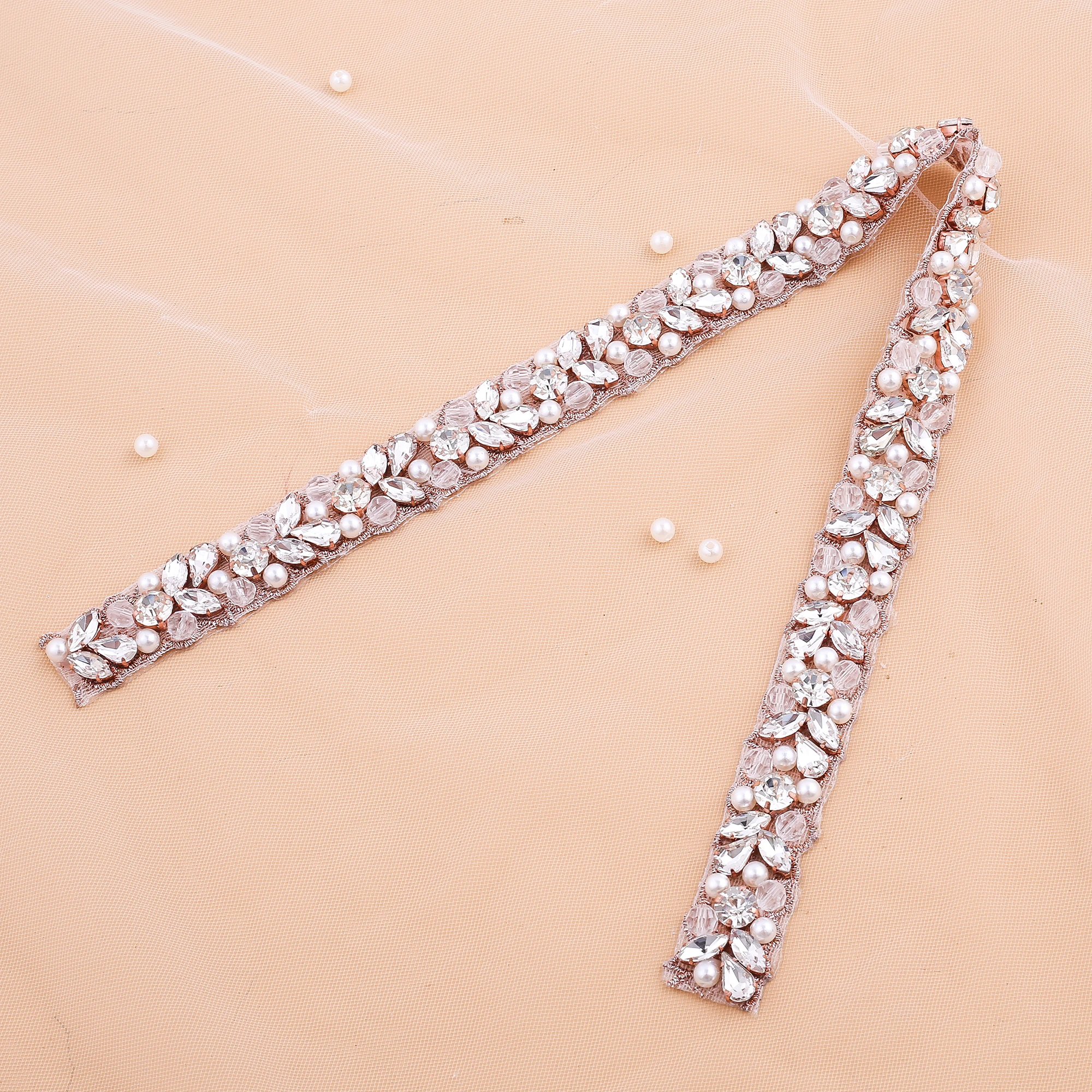 Nzuk Rose Gold Diamond Wedding Riem Strass Bruids Sjerp Kristal Parels Bruidsmeisje Riemen Voor Trouwjurk