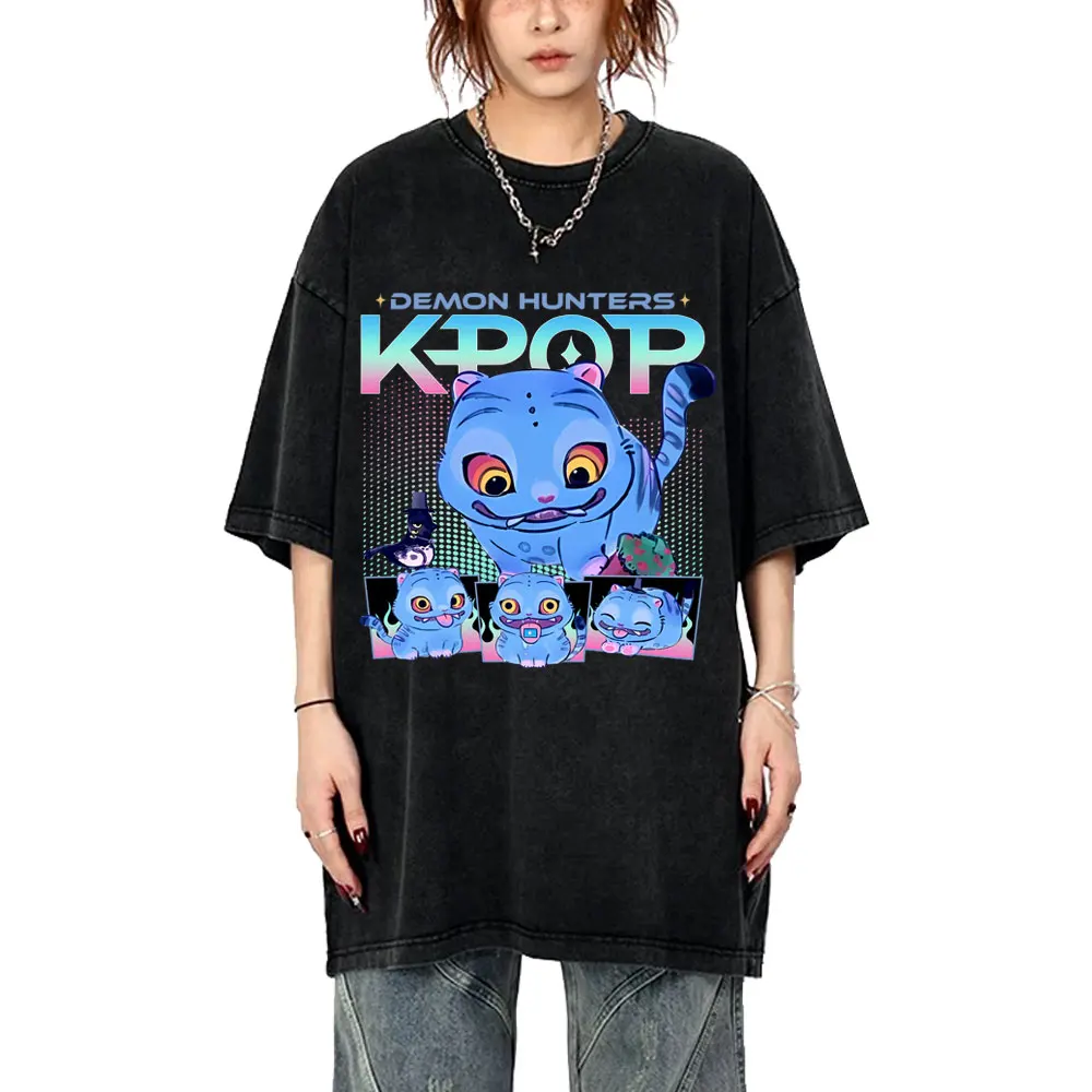 

Kpop Demon Hunters Tshirt Derpy Tiger Washed Vintage T-shirt Men Women Cartoon Fashion Trend Tshirt Men's 100% Cotton T Shirts
