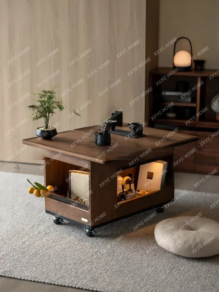 55Sofa side cabinet foldable flip solid wood movable trolley rotating coffee table